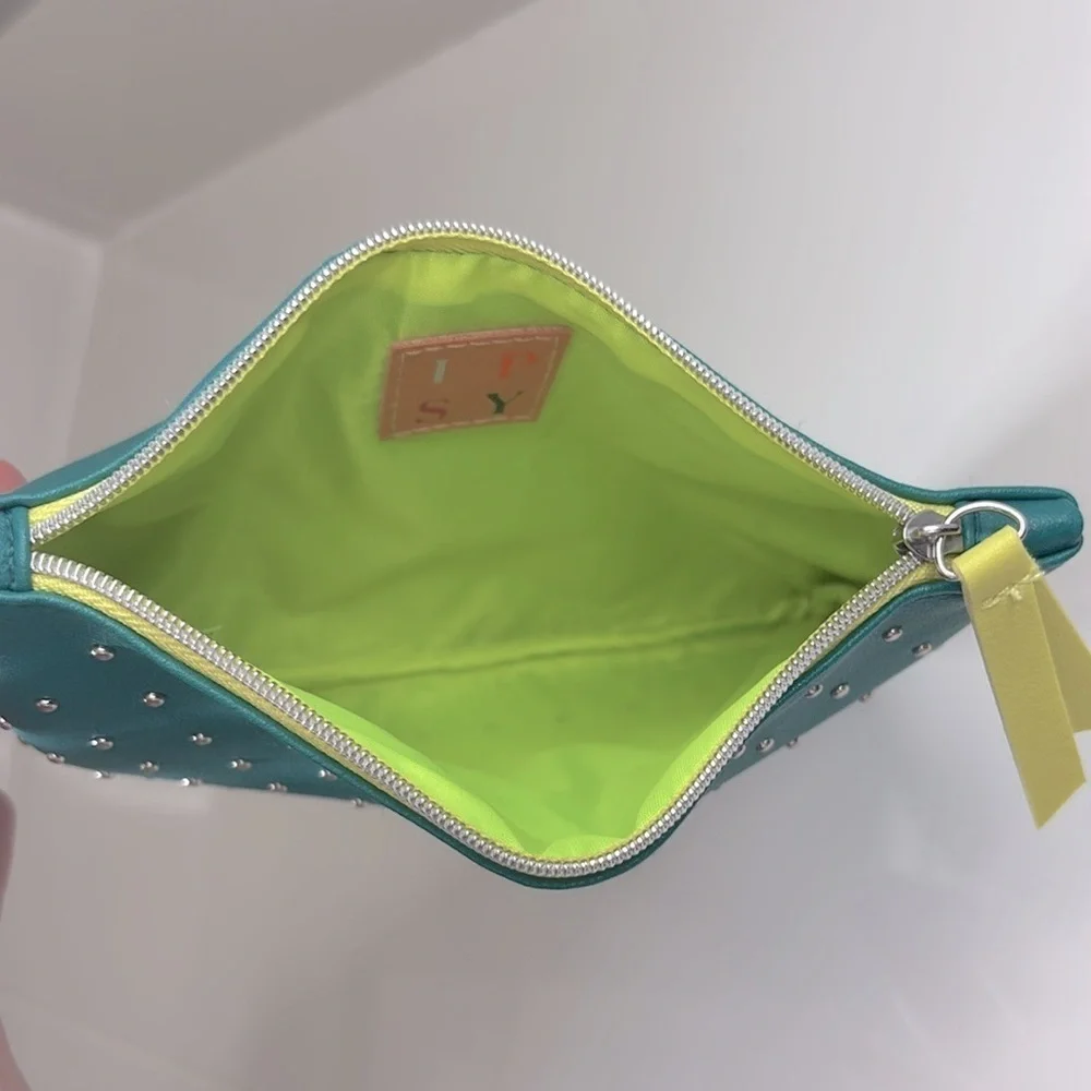 Ipsy Glam Bag Teal with Silver Studs Top Zip Makeup March 2020 Bag EUC